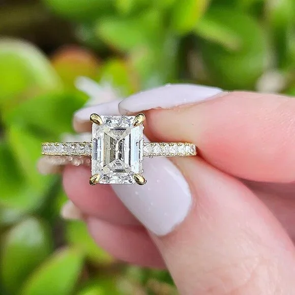 2 CT Emerald Cut Moissanite Ring, S925 Gold Plated, Size 6, Pavé, Hidden Halo - Picture 1 of 4